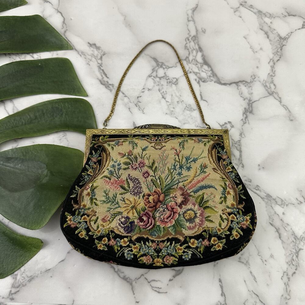 Vintage Tapestry Clutch Bag Purse Black Pink Floral Needlepoint Gold Hungary